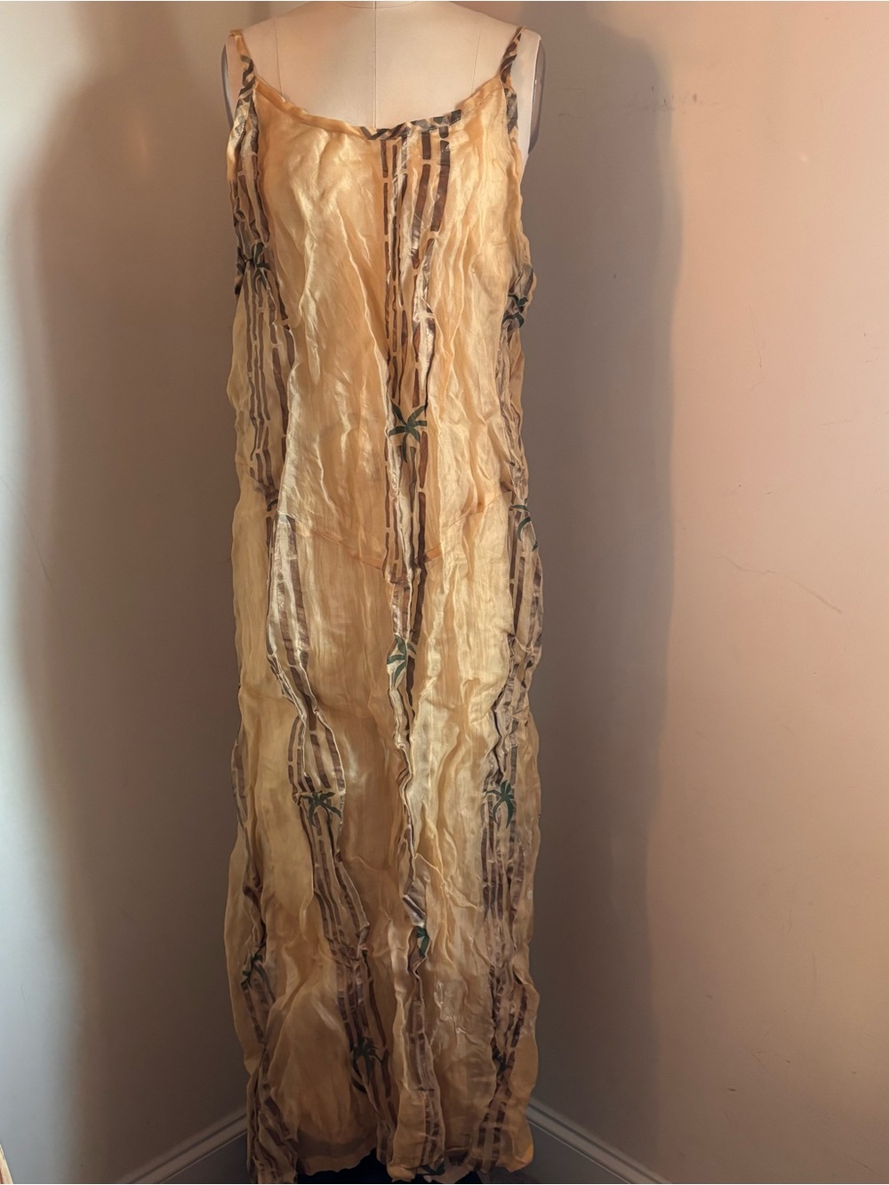 Vintage ASHRO silk maxi slip dress with vertical brown stripes and green leaves